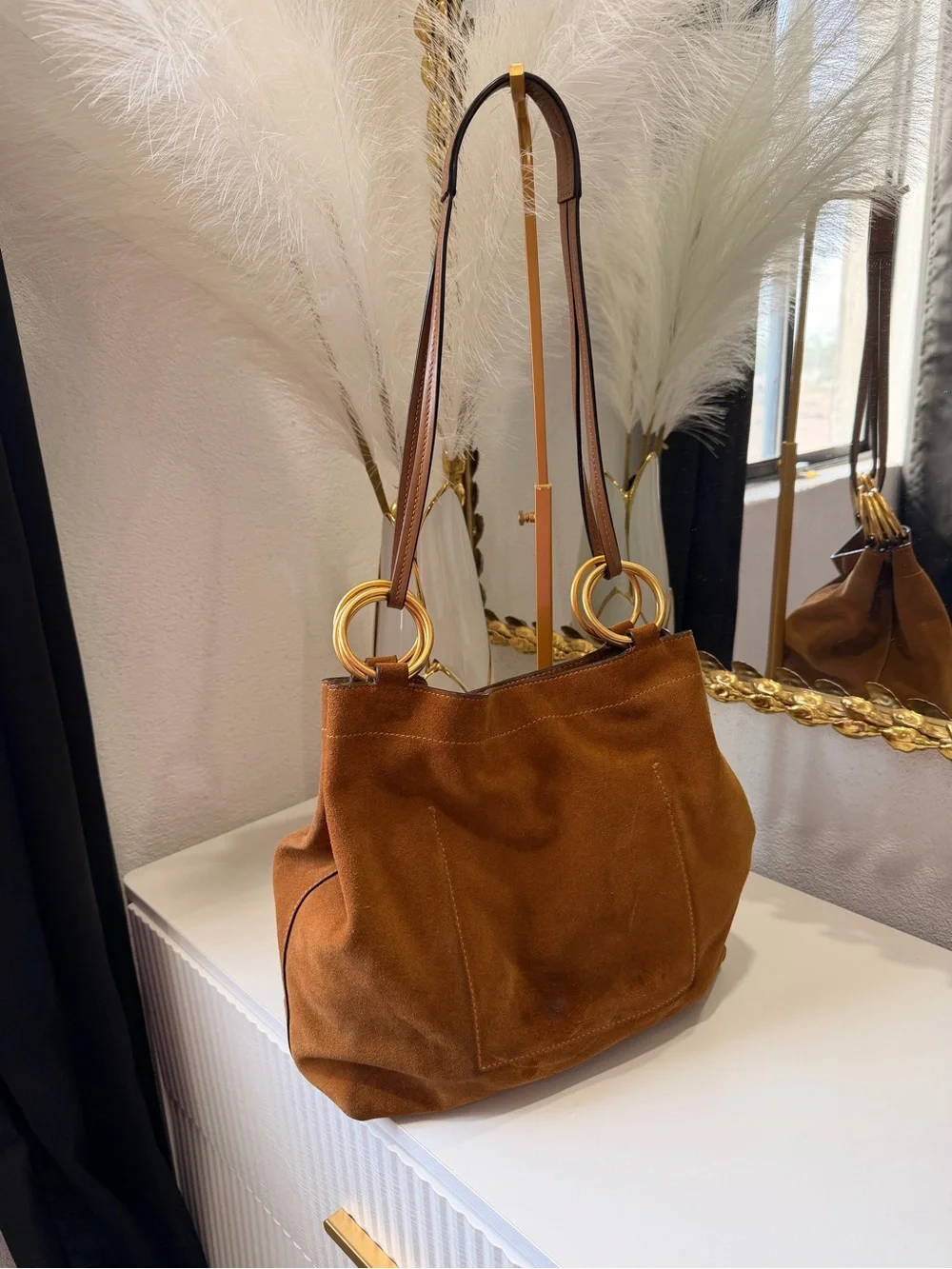 Tory Burch Brown Suede Shoulder Bag with Gold Ring Hardware